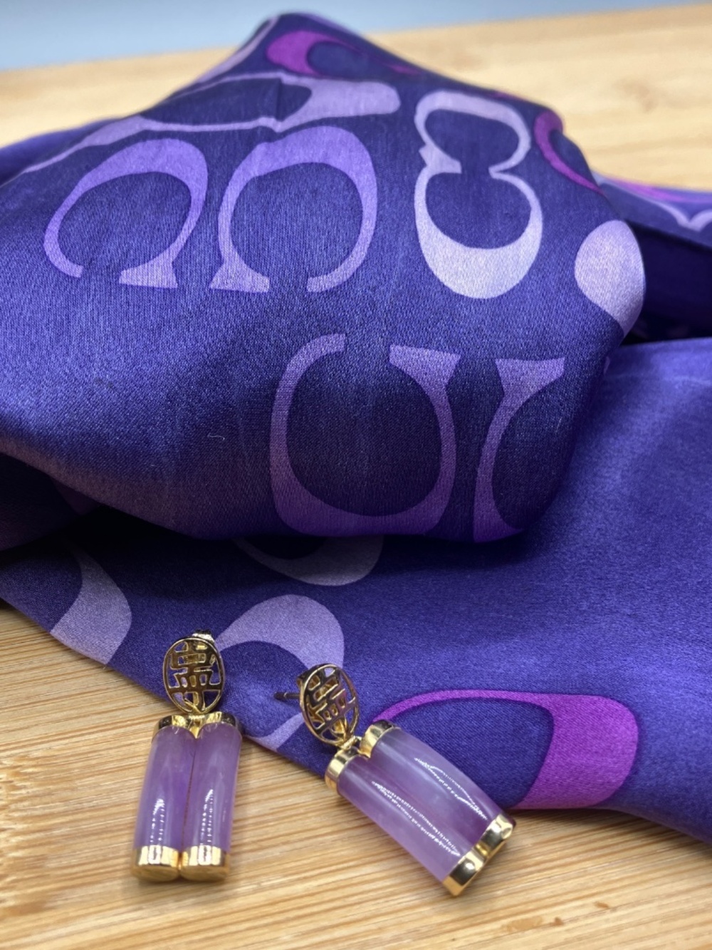 Vintage Combo - 14k Gold and Purple Jade Dangle Earrings + Coach Silk Logo Scarf